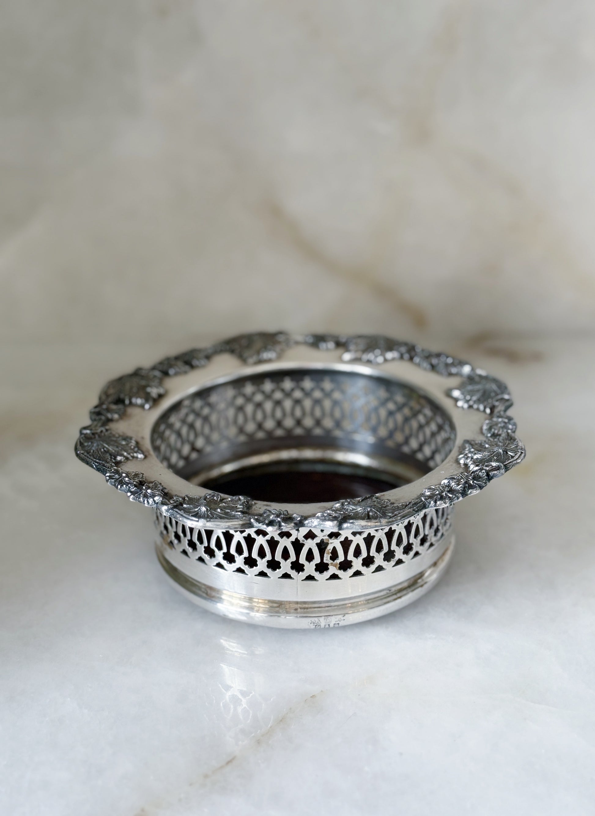 Vintage Silver Wine Coaster with Grape Leaf detail