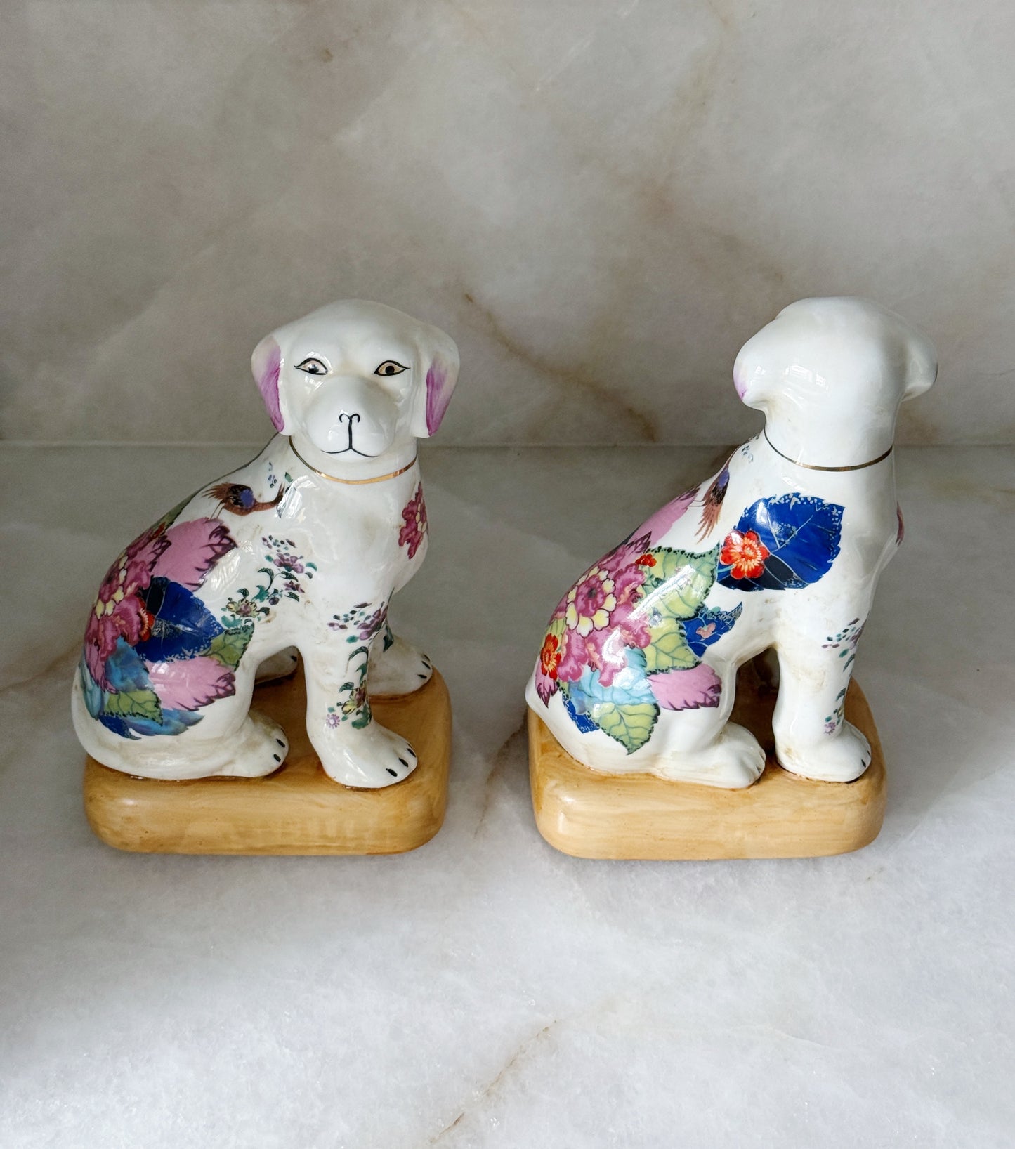 Porcelain Staffordshire-Inspired Dog Pair with Tobacco Leaf Motif