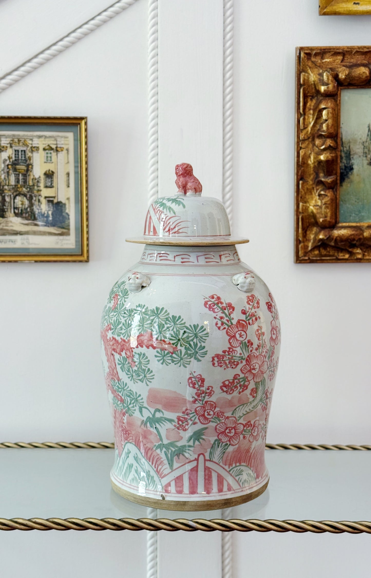 Pink & Green Porcelain Three Friends Temple Jar