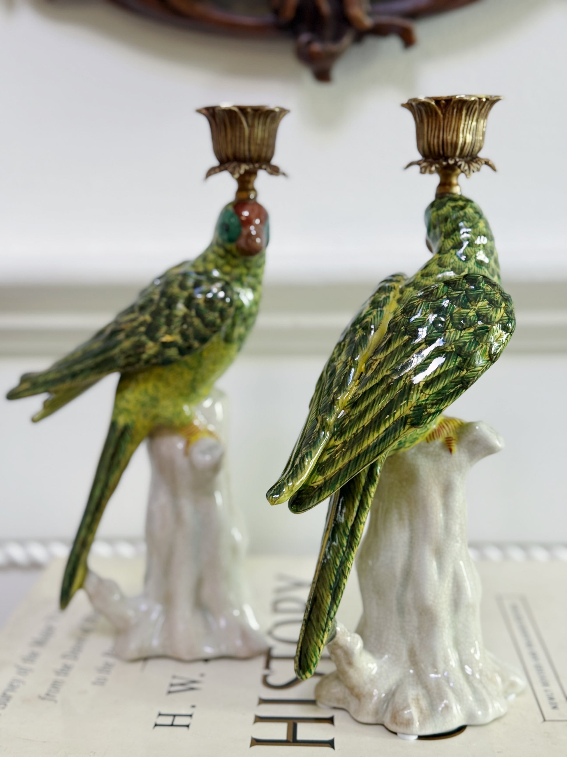 Pair of Green Hand Painted Parrot Candle Sticks