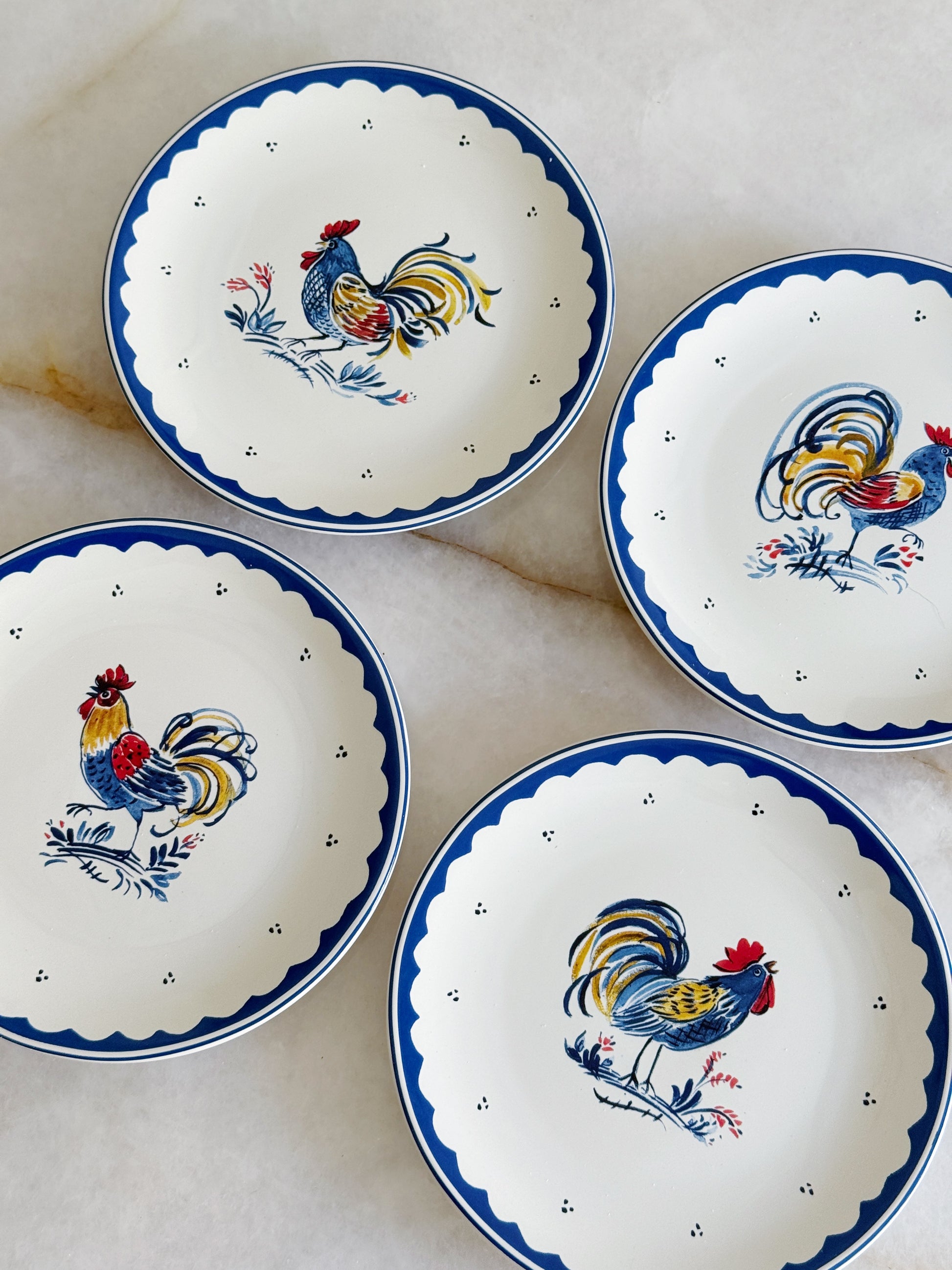 French Rooster Salad Plates – Set of 4 | Blue & White French Kitchen Tableware