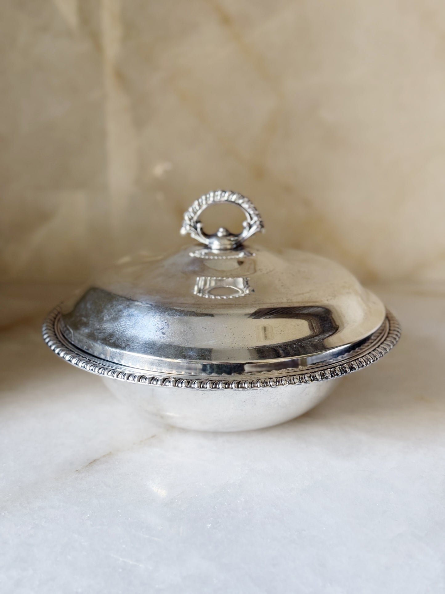 Vintage Silver Serving Dish with Lid and Rope Detail