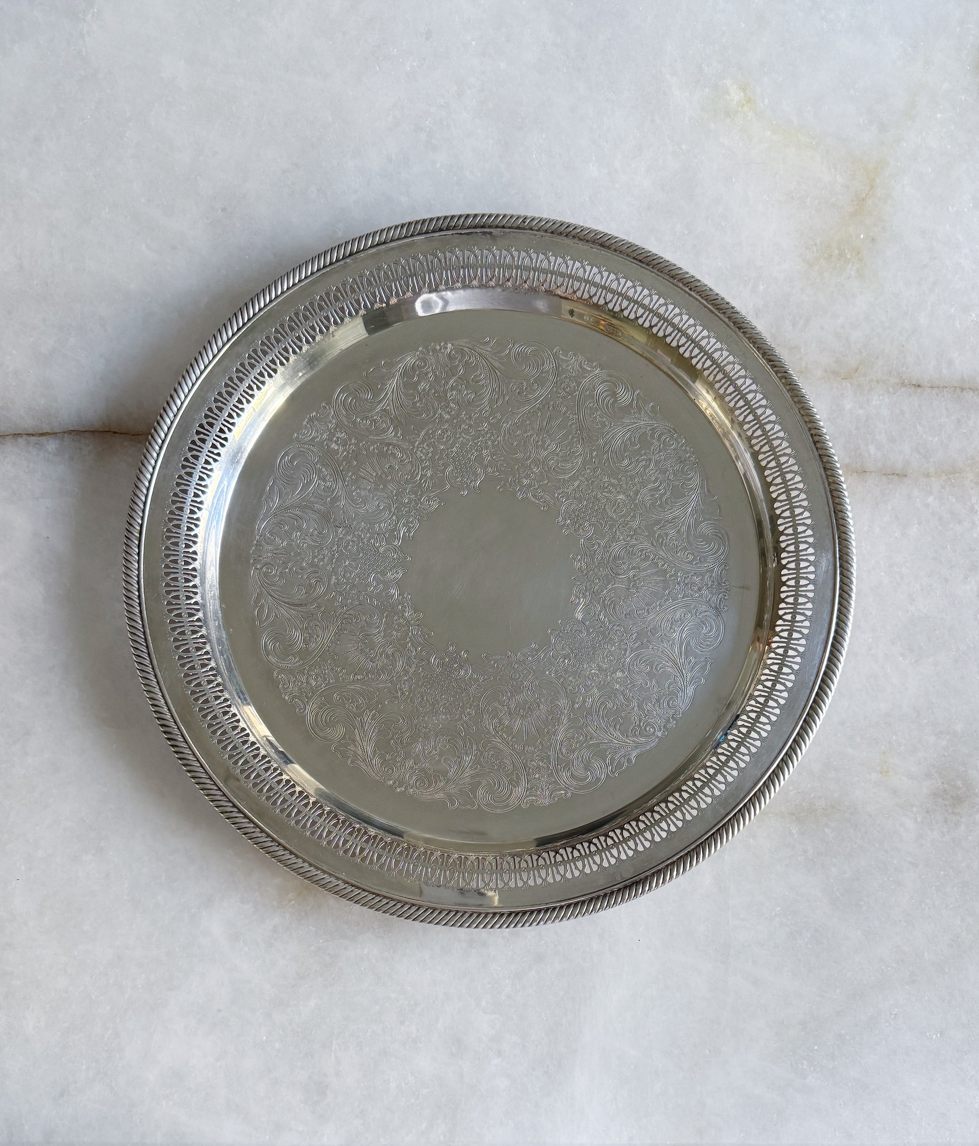 Vintage Silver Serving Tray with Reticulated Detail