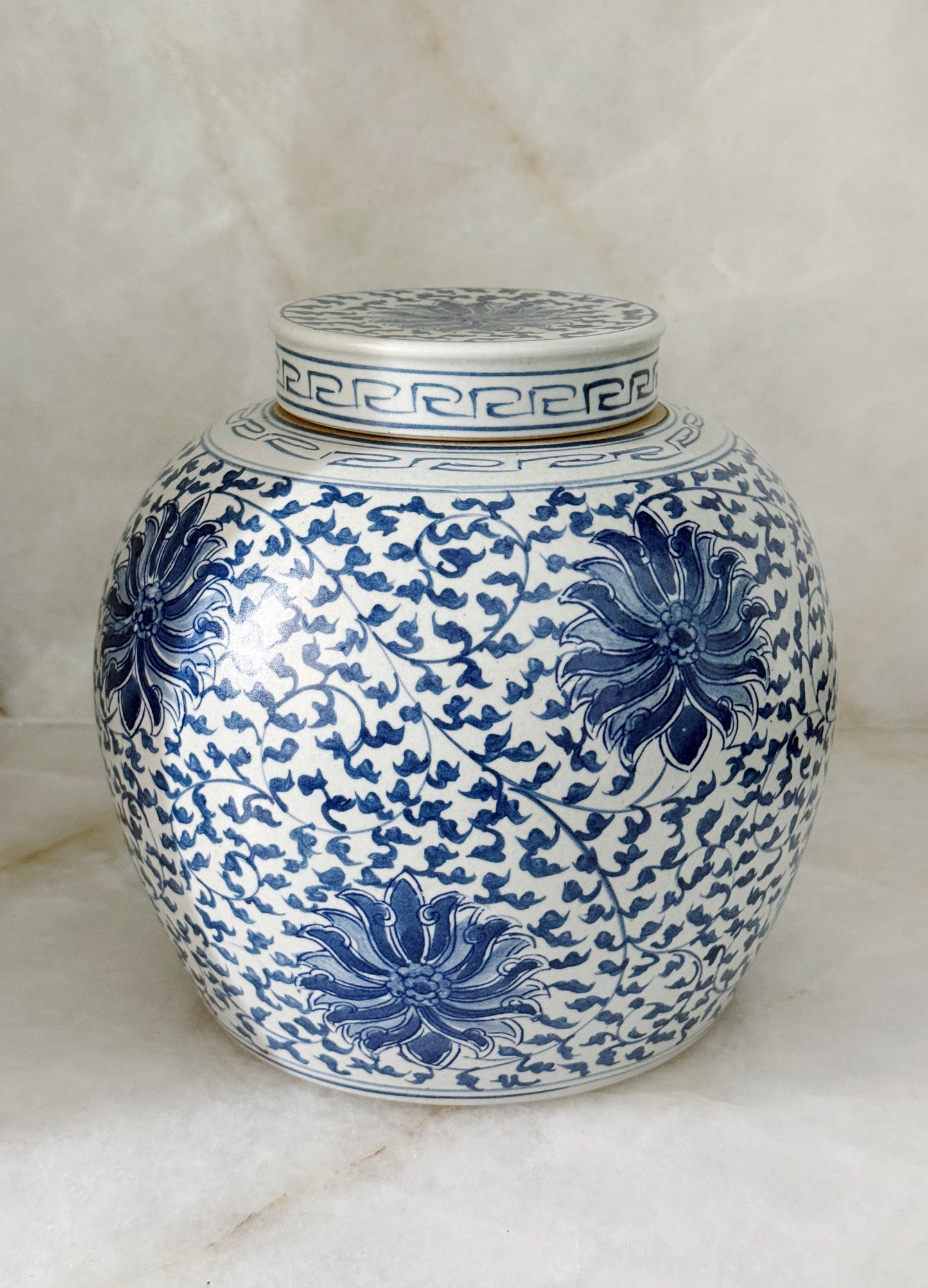 Blue & White Porcelain Ginger Jar with Scrolling Peony Motif