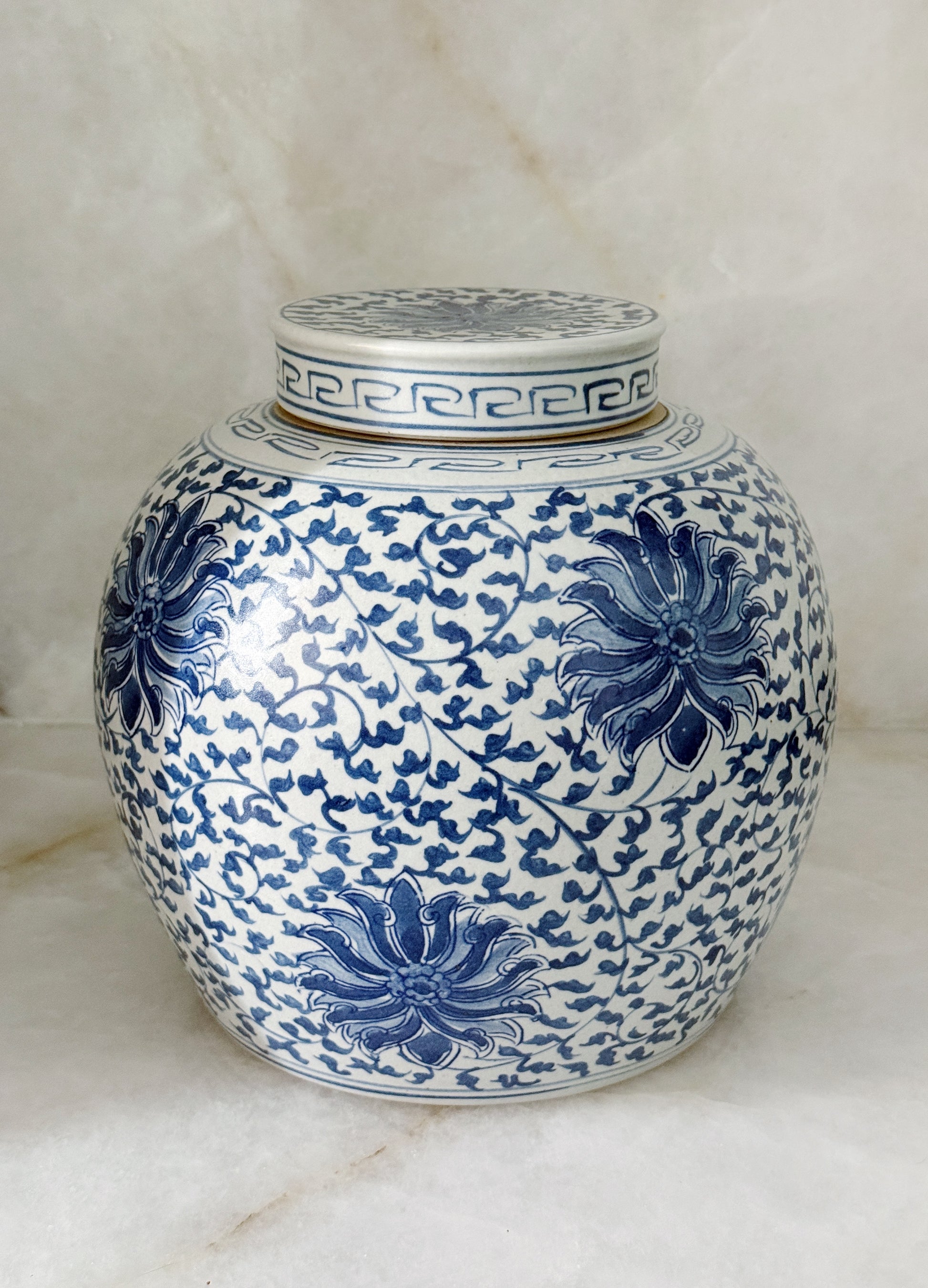 Blue & White Porcelain Ginger Jar with Scrolling Peony Motif