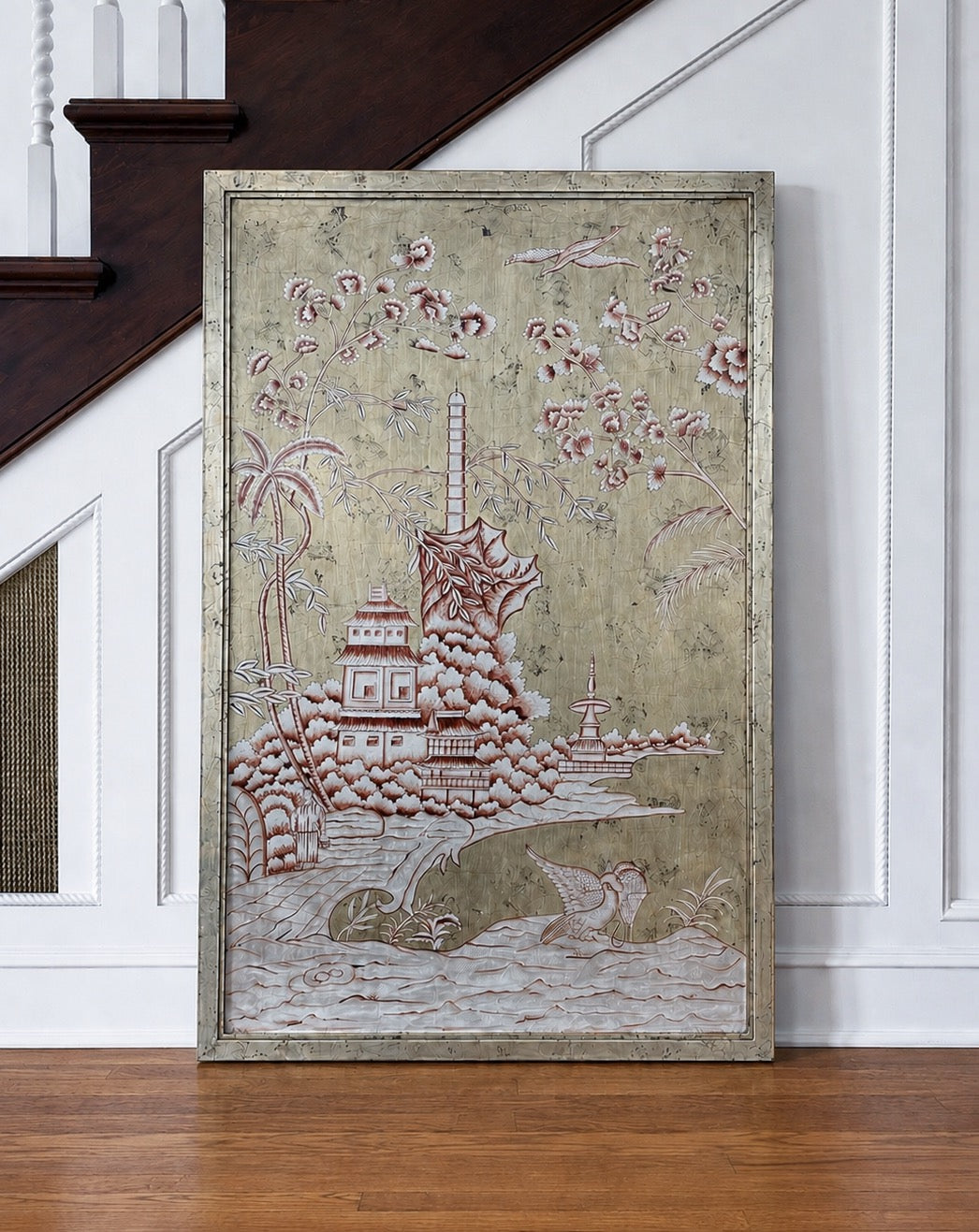 Large Scale Hand-Painted Metallic Chinoiserie Wall Panel