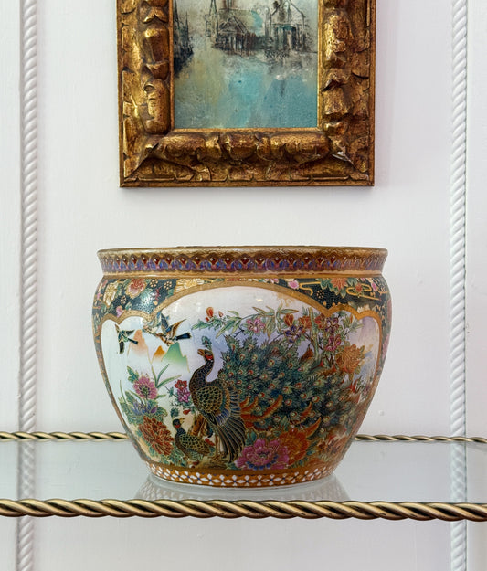 Vintage Hand Painted Peacock & Floral Porcelain Fishbowl