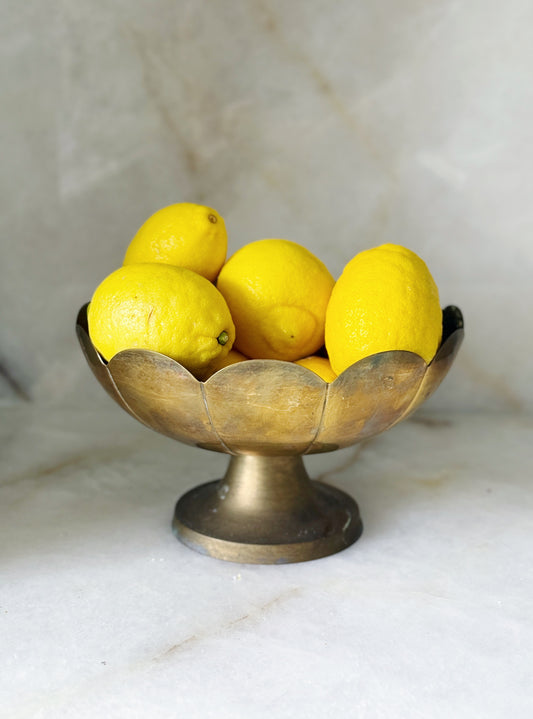 scalloped vintage brass pedestal with lemons