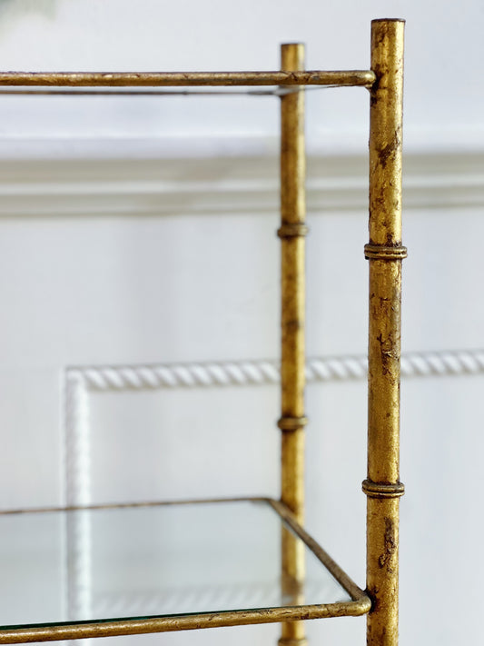vintage faux bamboo gold gilt etagere with glass shelves