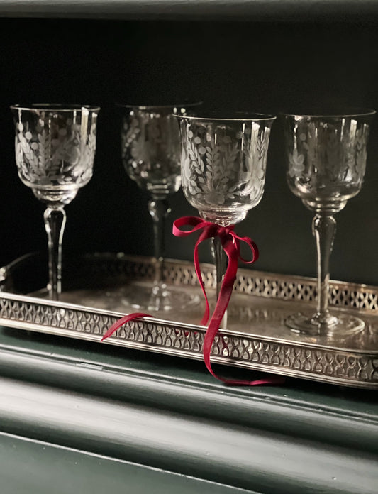 vintage etched wine glasses on a vintage silver serving tray