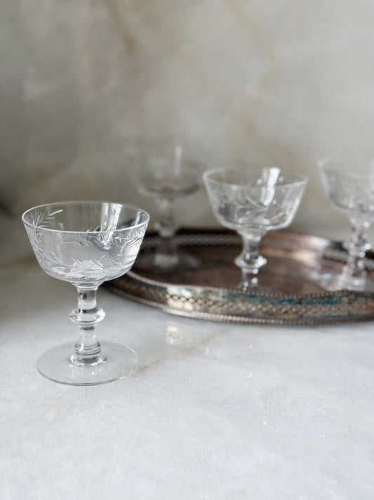 vintage glass champagne coupes with floral design