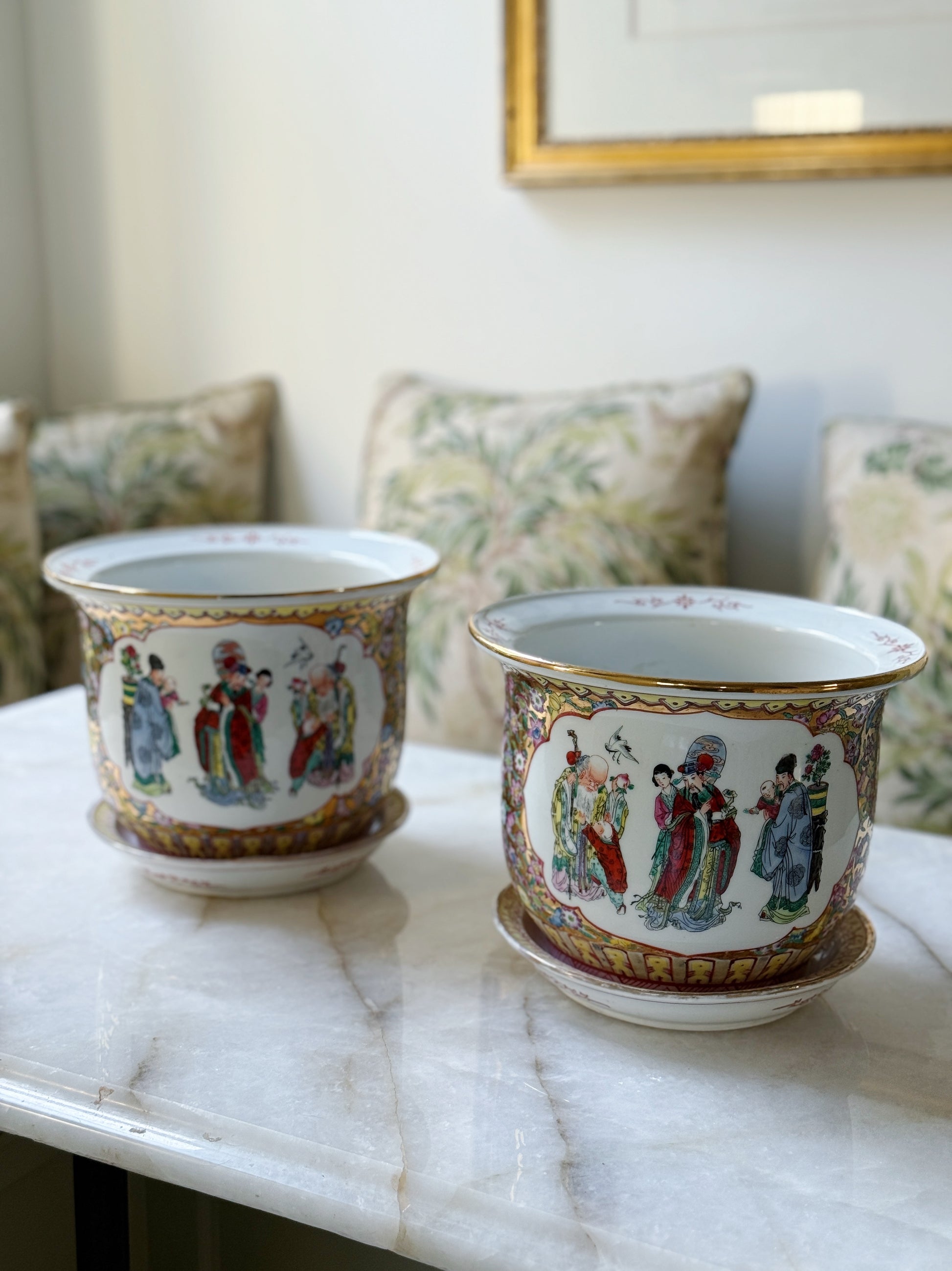 set of vintage famille rose planters with mille fleur design 