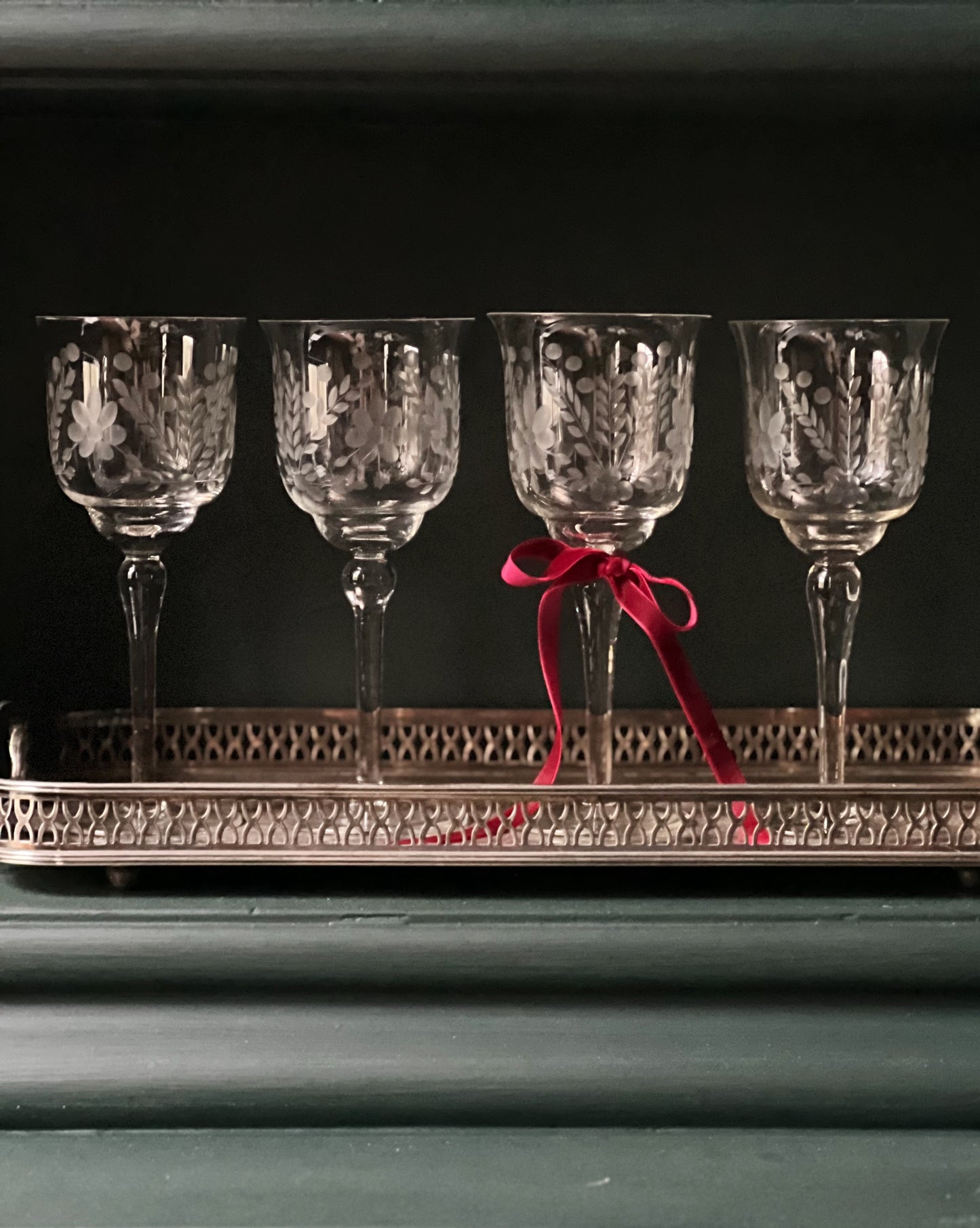 vintage etched wine glasses on a vintage silver serving tray