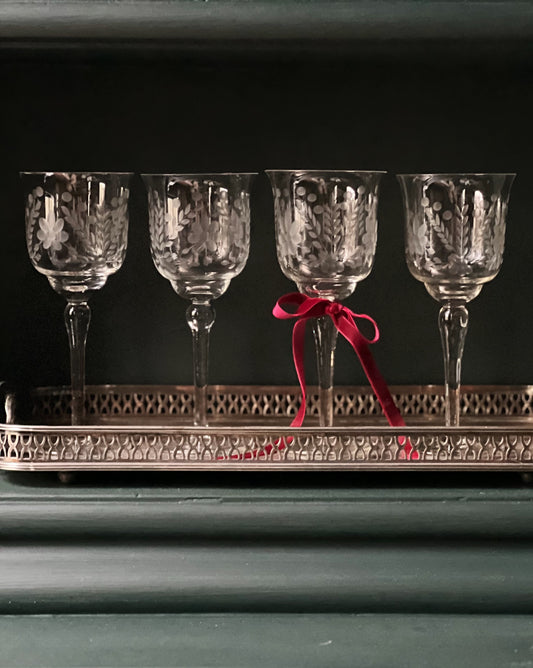 vintage etched wine glasses on a vintage silver serving tray