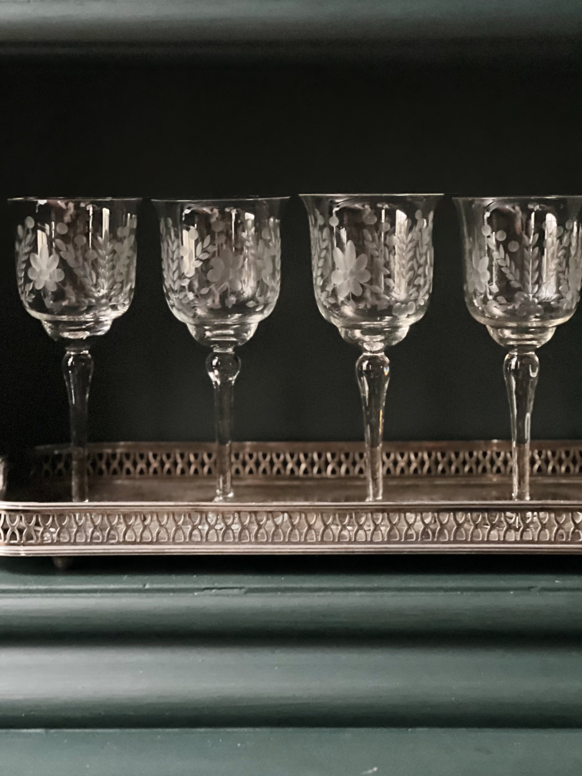 vintage etched wine glasses on a vintage silver serving tray