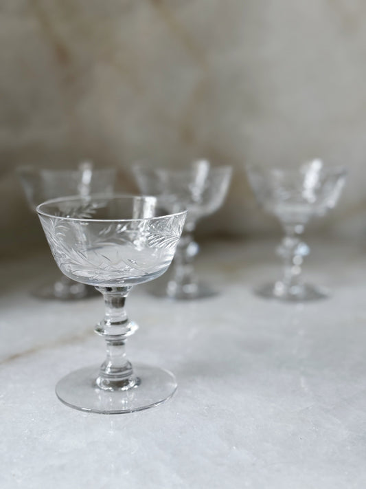 vintage glass champagne coupes with floral design