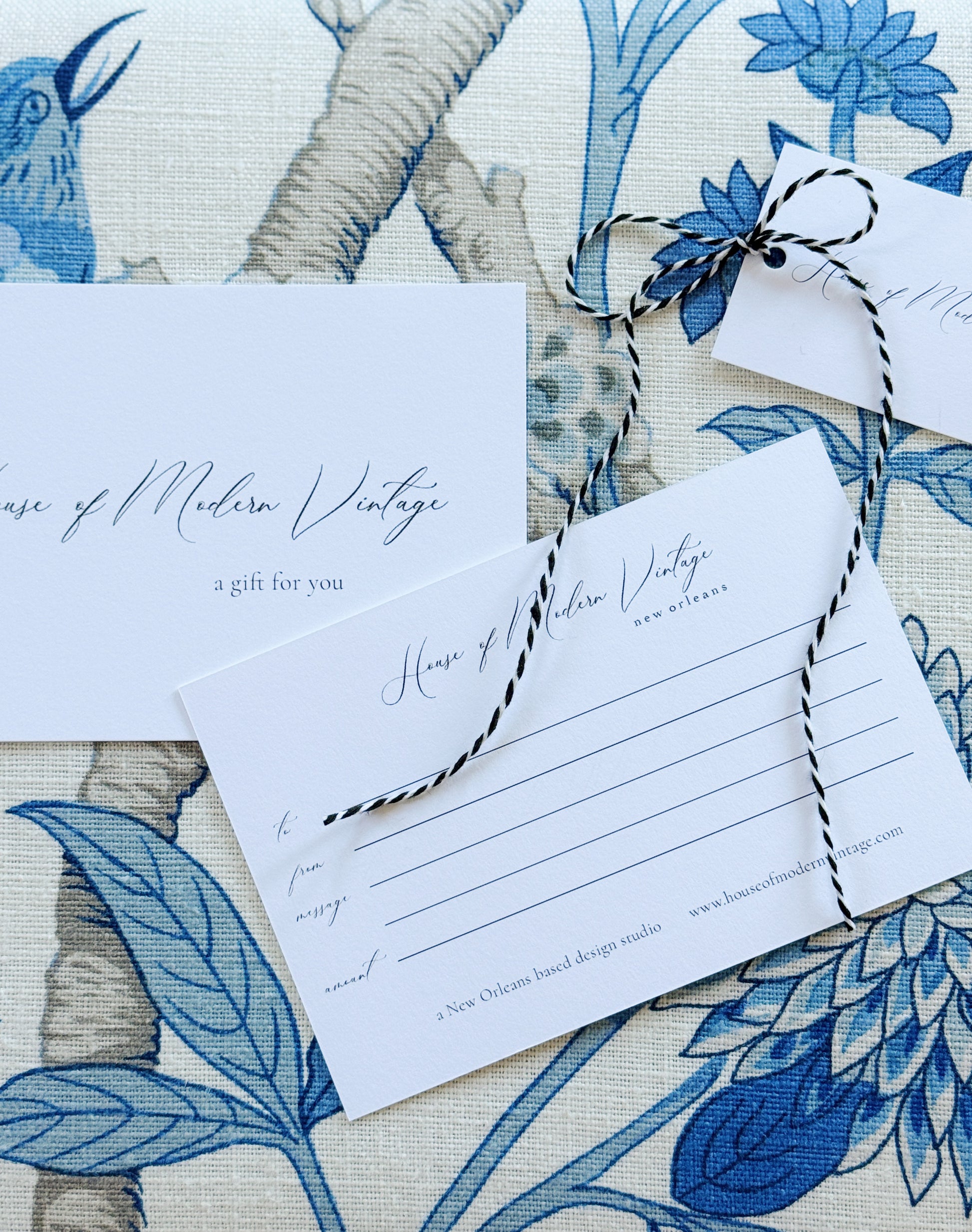 house of modern vintage gift card on designer fabric