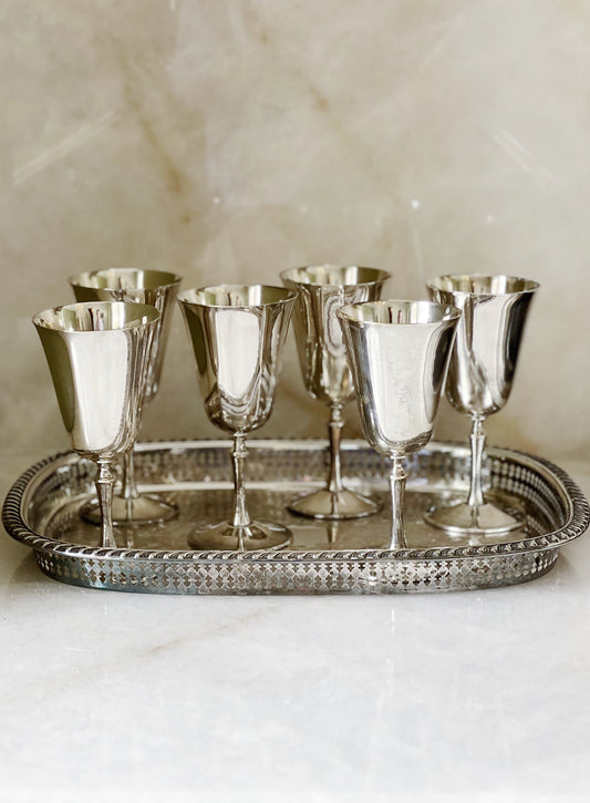 vintage silver serving tray and vintage silver wine goblets