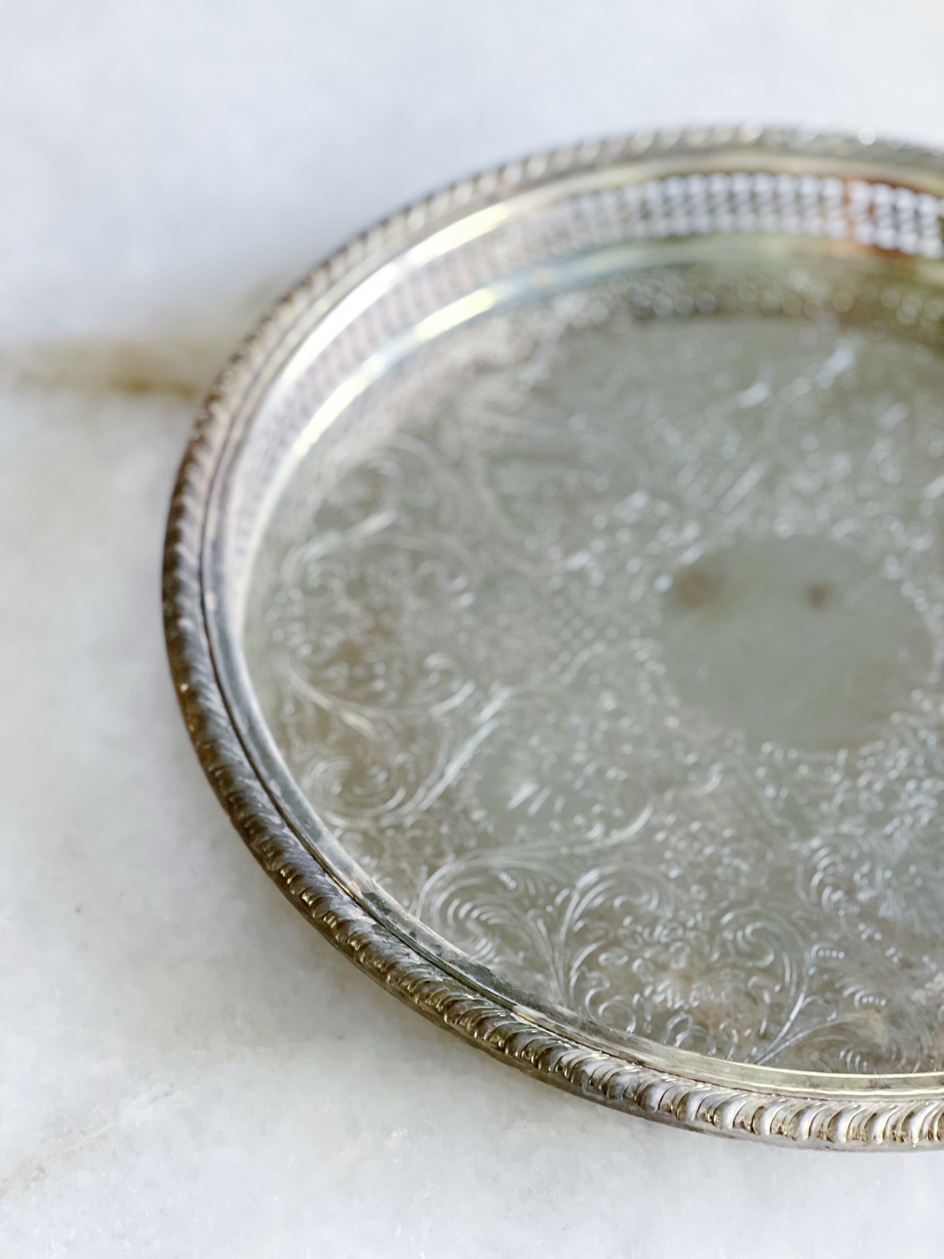 vintage silver serving tray with etching 