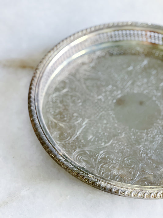 vintage silver serving tray with etching 