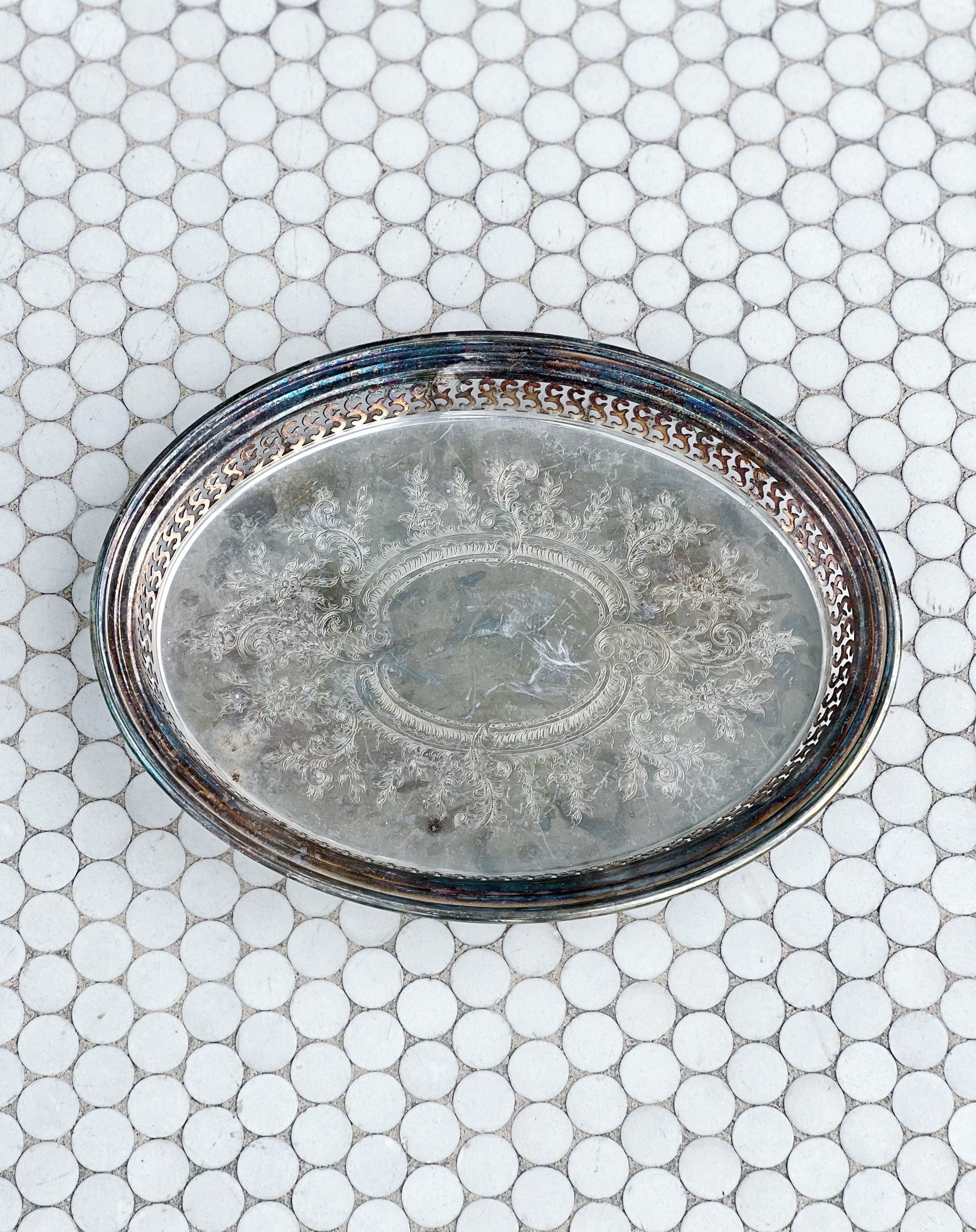 vintage oval silver drink tray with etched detail 