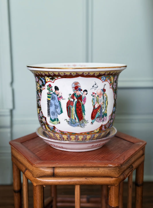 vintage famille rose planter with mille fleur design on vintage bamboo plant stand