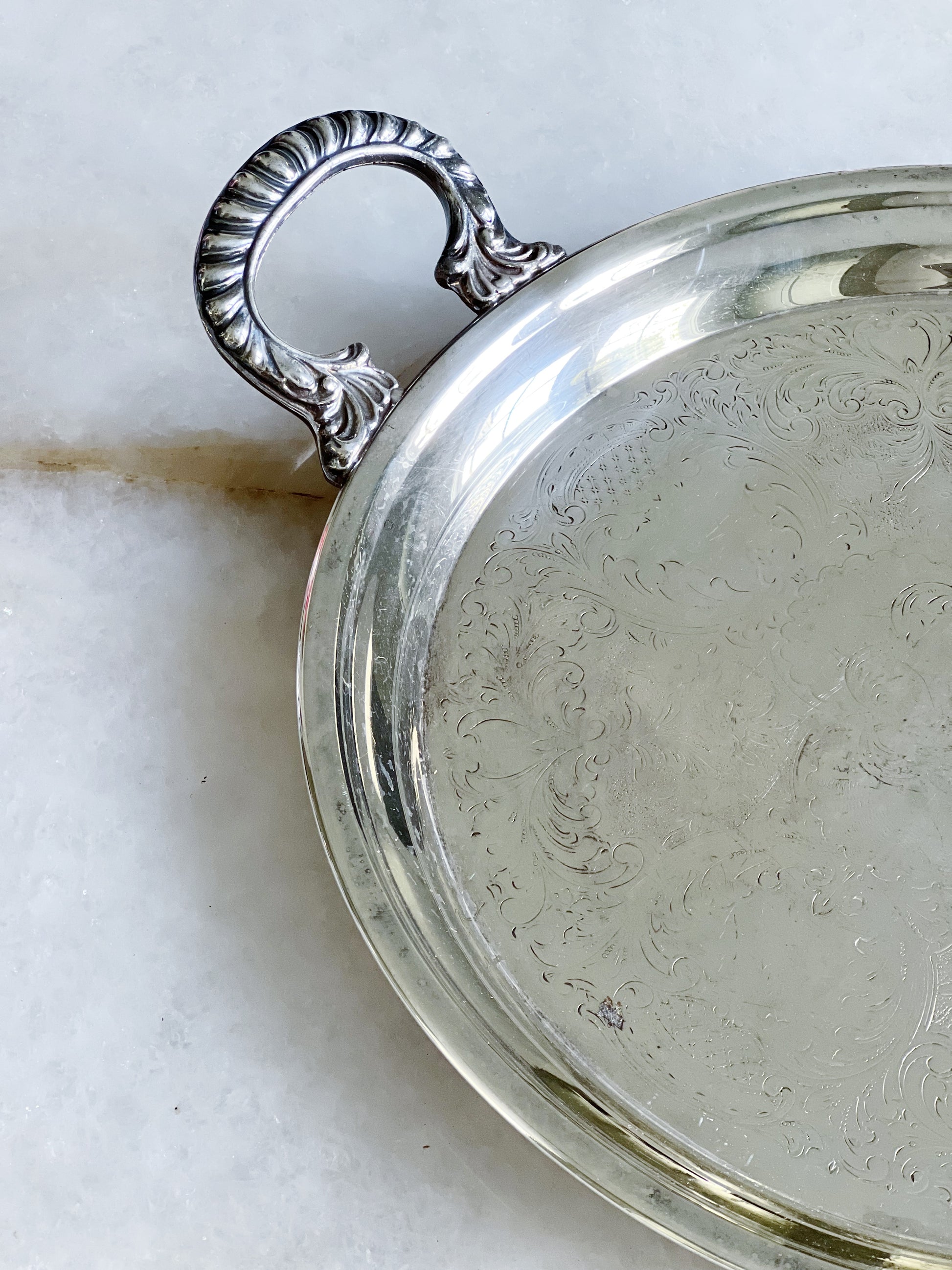 vintage silver serving tray with handles 