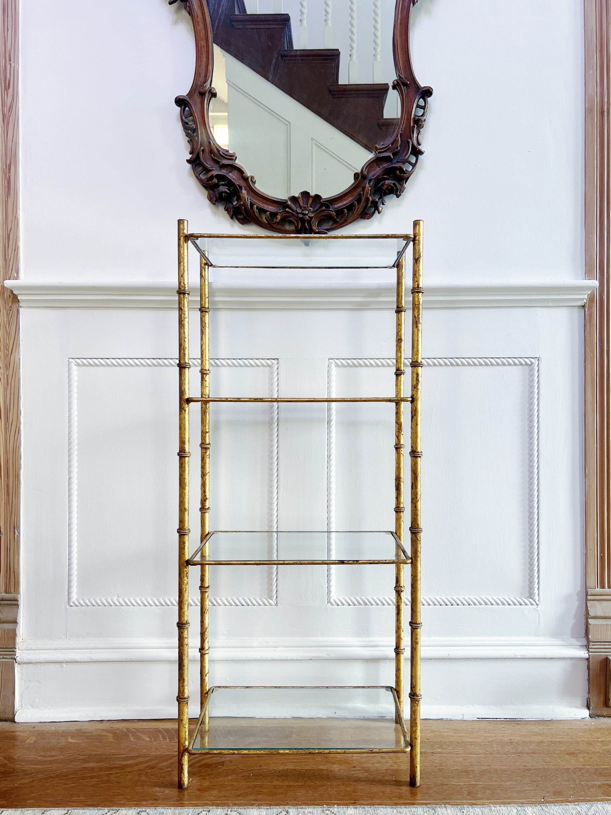 vintage faux bamboo gold gilt etagere with glass shelves