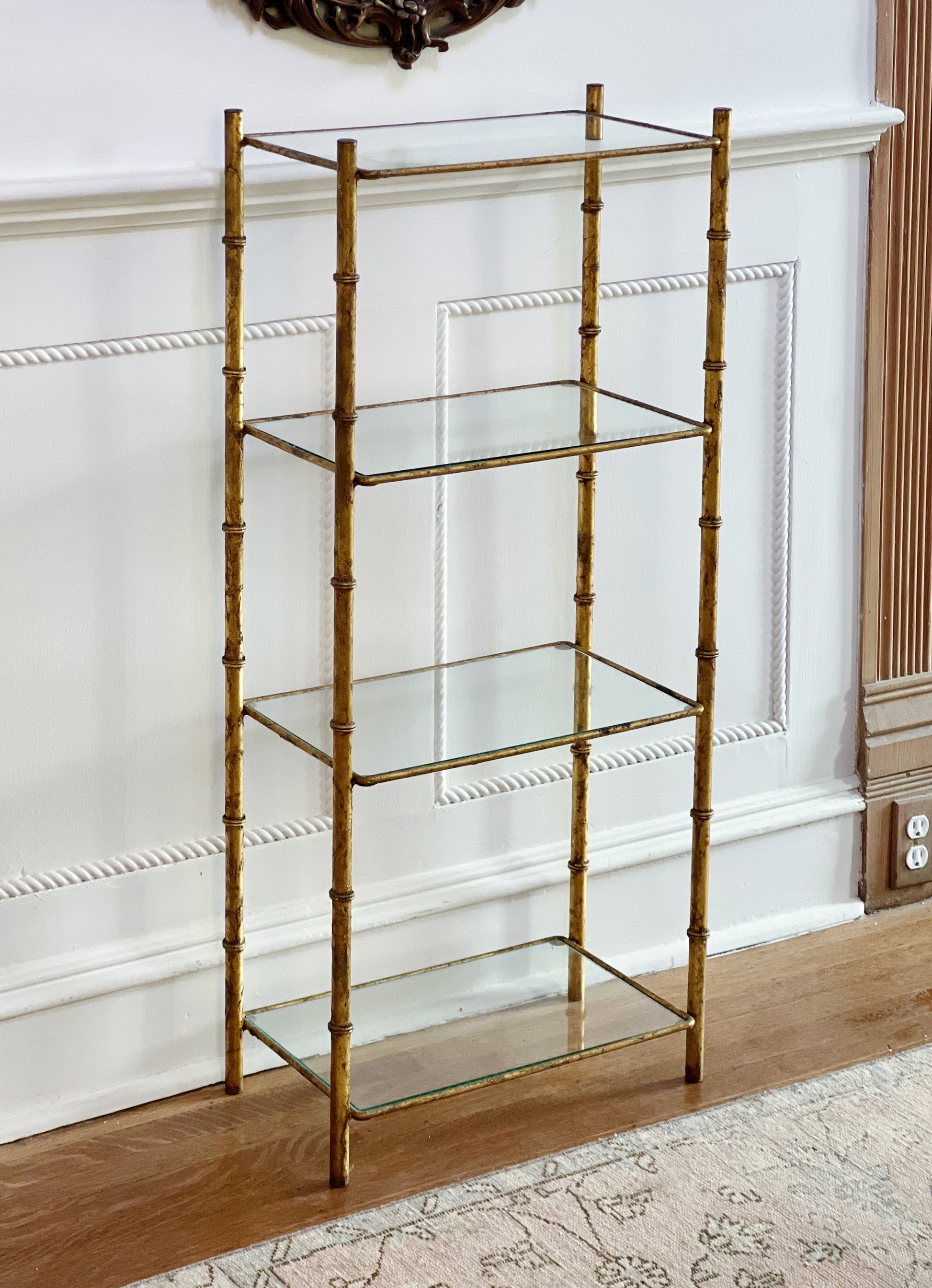 vintage faux bamboo gold gilt etagere with glass shelves