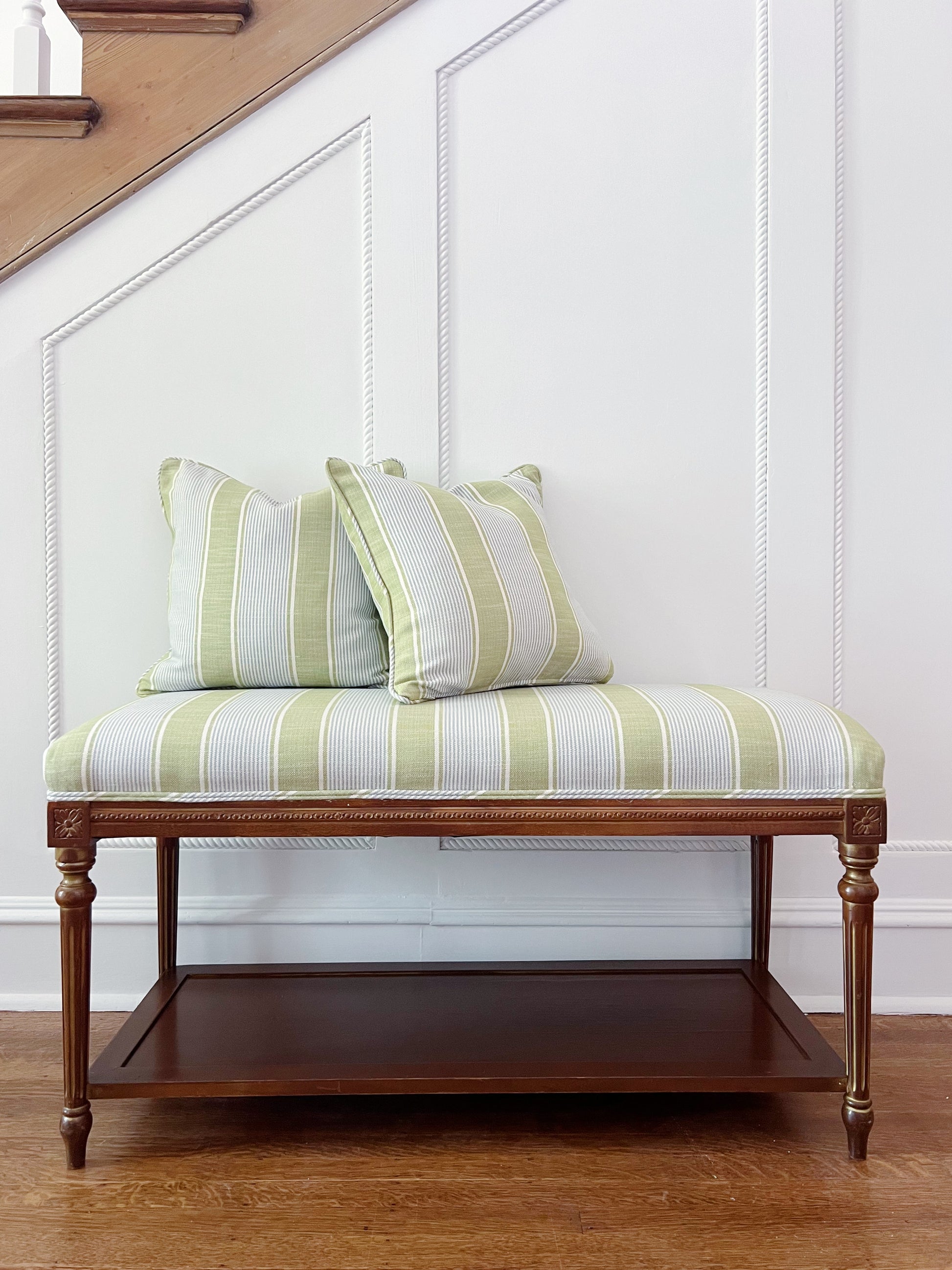 vintage ritz Carlton bench covered in Kravet Barbour Stripe in pear