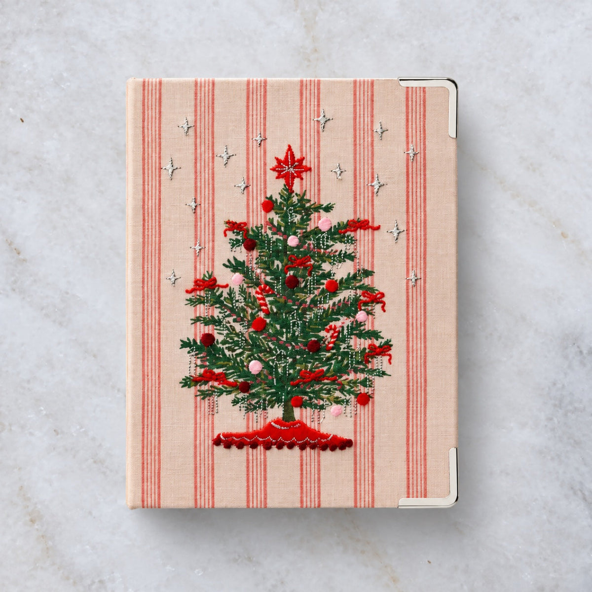 Tinsel Tree embroidered photo album cover with Christmas tree and brass corner protectors