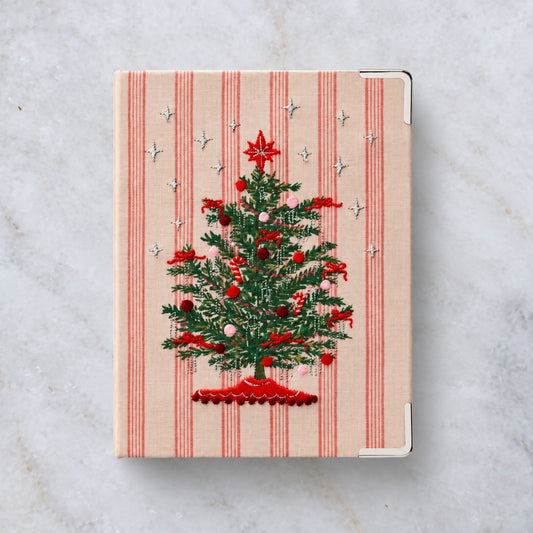 Tinsel Tree embroidered photo album cover with Christmas tree and brass corner protectors