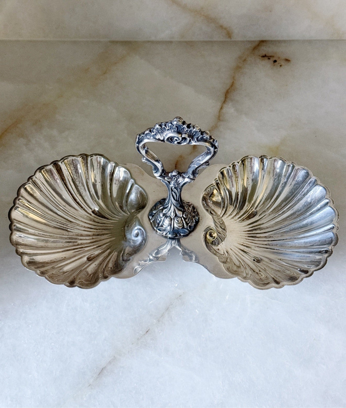 Top view of the vintage silver double shell candy dish
