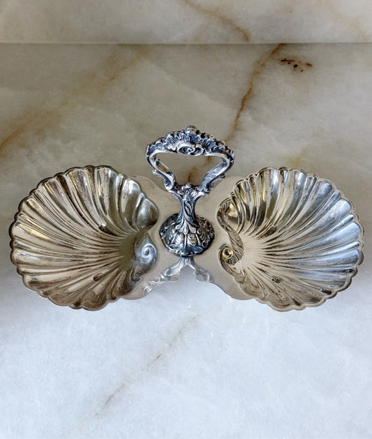 Top view of the vintage silver double shell candy dish
