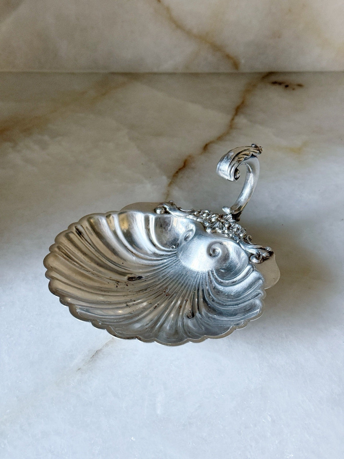 Top view of the vintage silver shell dish with handle