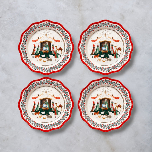 Set of four Christmas nativity porcelain dinner plates
