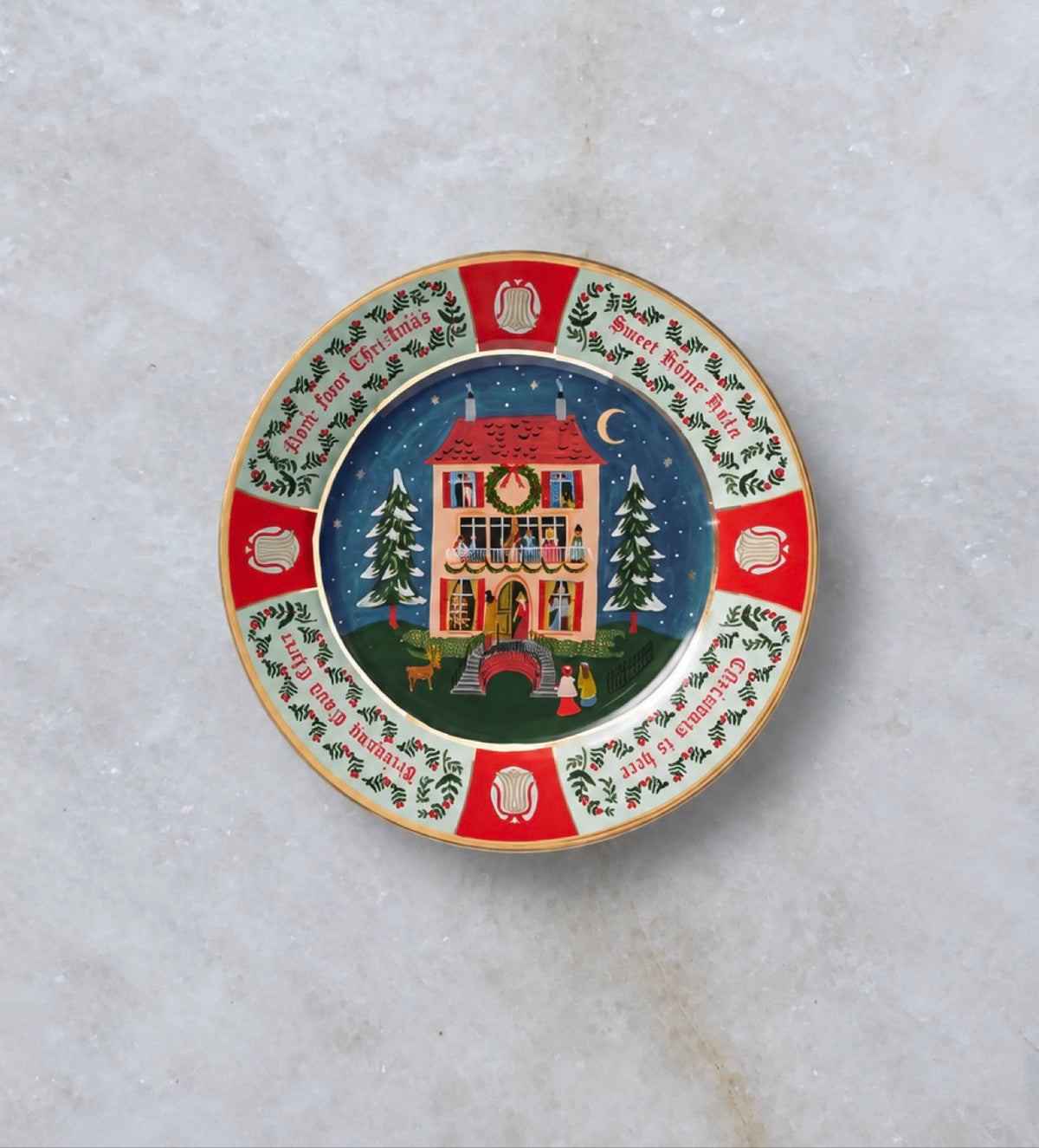 Home for Christmas dessert plate with winter house scene