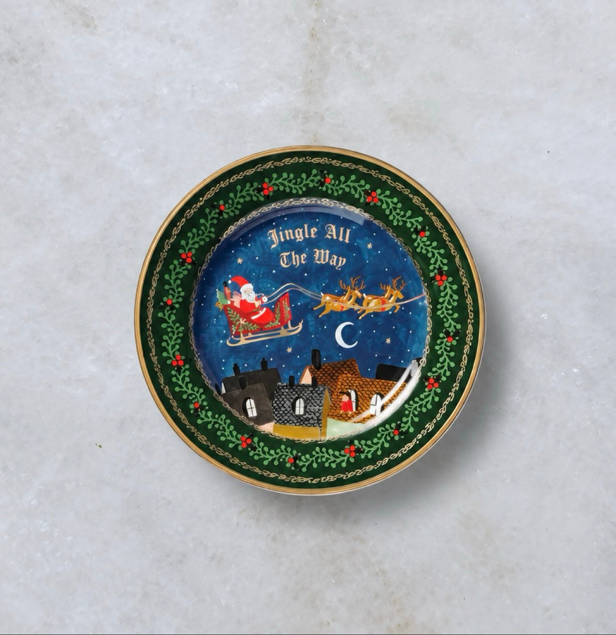 Jingle All The Way Christmas dessert plate with Santa's sleigh