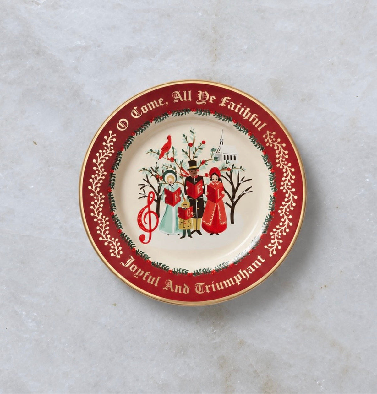 O Come All Ye Faithful Christmas dessert plate with carolers
