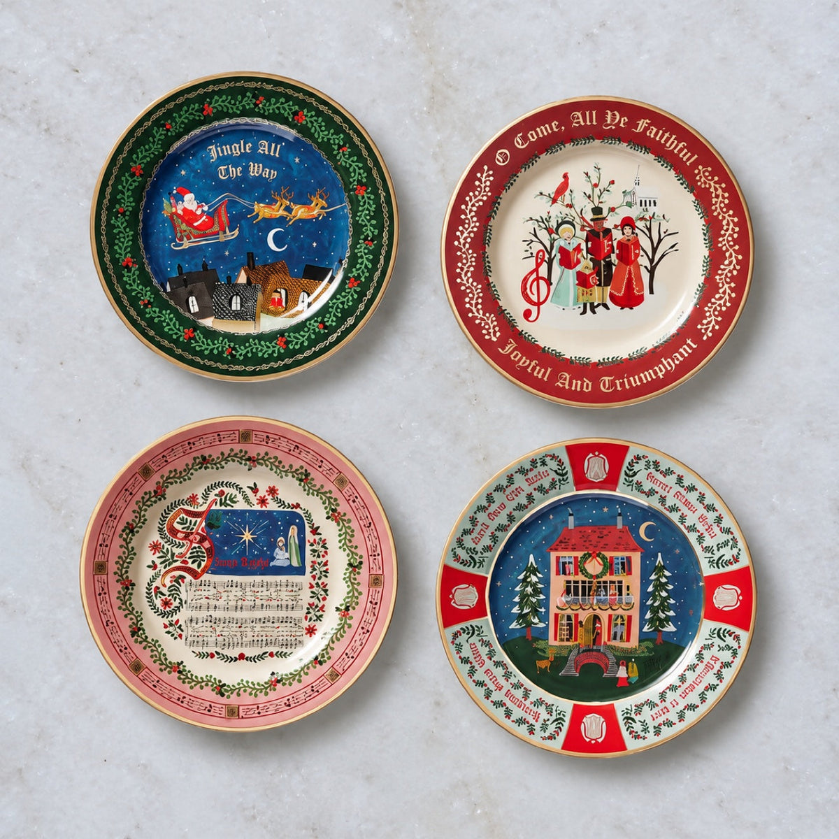 Set of four Christmas carol porcelain dessert plates