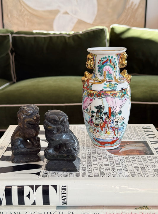 Vintage hand-painted famille rose porcelain vase styled on books with foo dog figurines