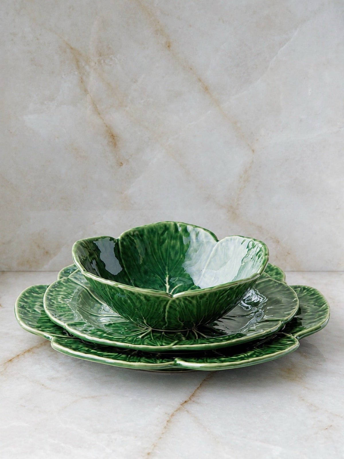 Le Jardin Cabbage cereal bowl on matching cabbage plates