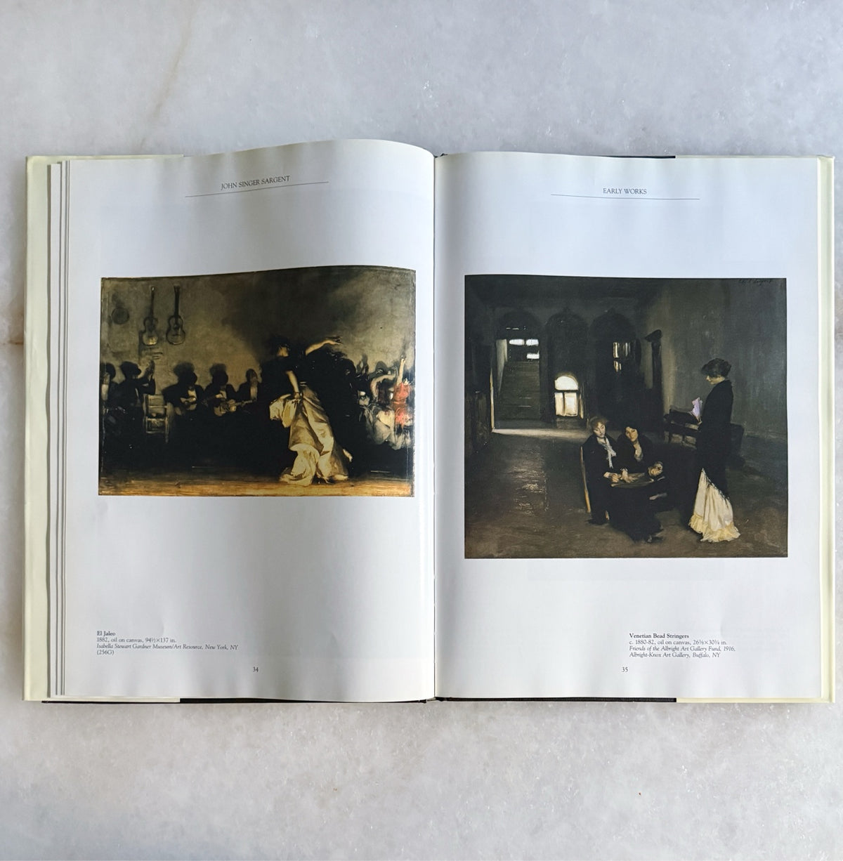 Open spread of the vintage Sargent art book showing El Jaleo and Venetian Bead Stringers