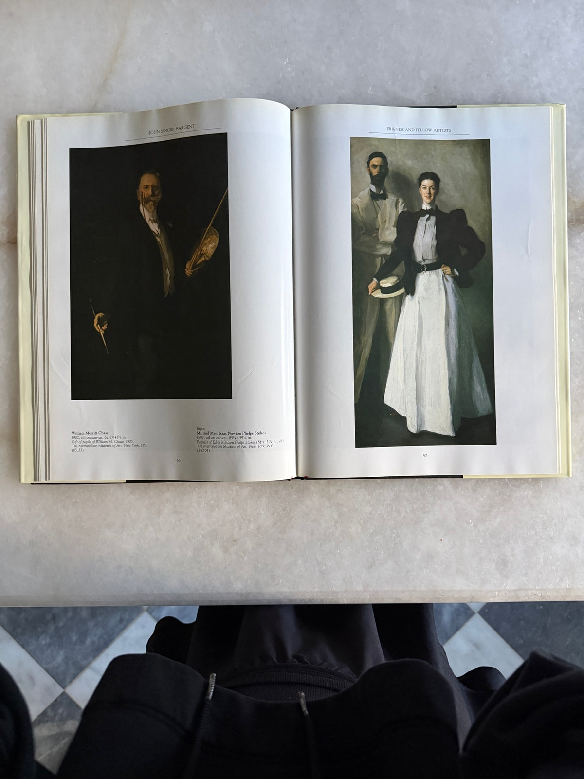 Open spread of the vintage Sargent art book showing William Merritt Chase and Mr. and Mrs. Isaac Newton Phelps Stokes portraits