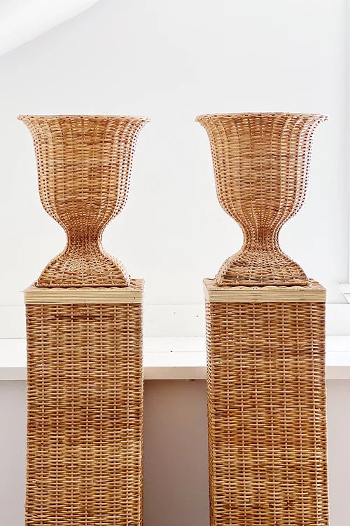 wicker urn and wicker pedestals